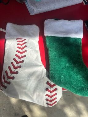 Baseball Stitch White & Red Christmas Stocking with Green Plush Stocking